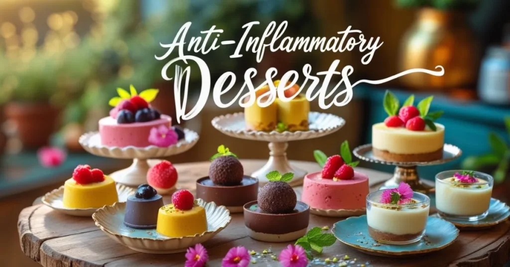 Colorful bowl of anti-inflammatory desserts, featuring fresh berries, dark chocolate, and nuts, perfect for a healthy and delicious treat.